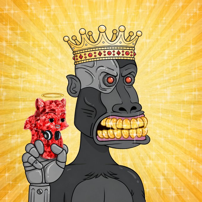 The image features a cartoon monkey wearing a crown and holding a red object that appears to be a toy or a piece of art. The background consists of yellow rays, which gives the impression of a starry night sky. The caption below the image reads "Got me a @ShipmunkNFT today via @SentX_io Pretty fitting one too, goes hand n hand with my PFP $HBAR".