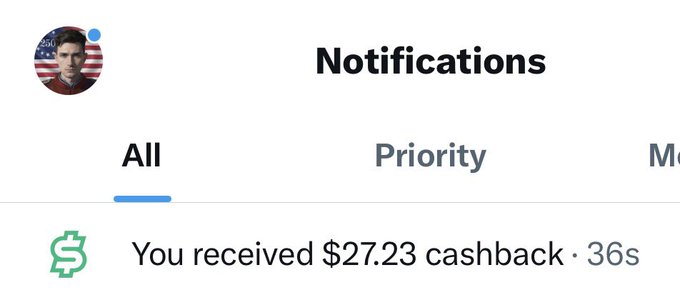 A Facebook notification from X Money informs the user they received $27.23 in cashback, displayed under the "All" notifications tab. The post highlights X's new money/cashback feature with this push notification as evidence.