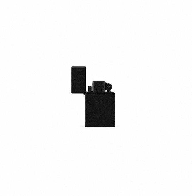 A matte black Zippo-style lighter with its lid open, shown isolated against a plain white background.