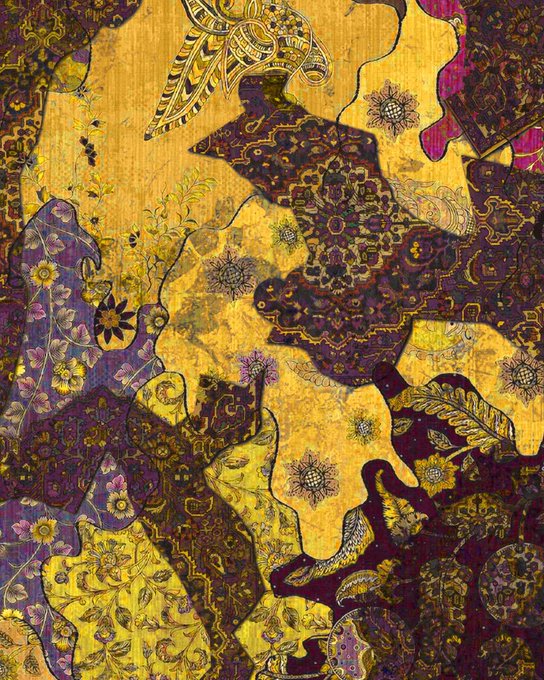 An intricate abstract mixed-media artwork featuring overlapping organic shapes, figures, and floral patterns rendered in gold, purple, and yellow hues with detailed line work.