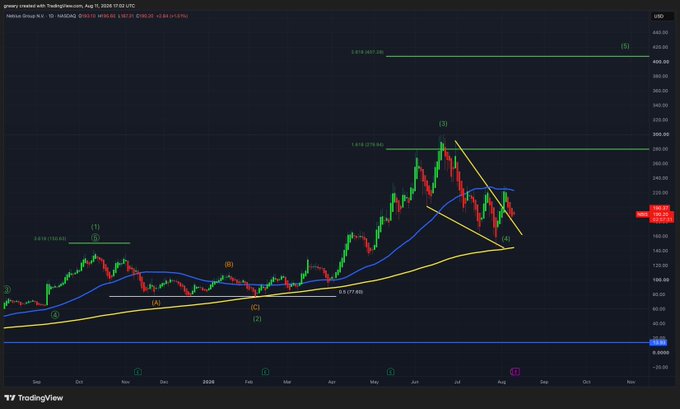 The image is a TradingView daily candlestick chart of Nebius Group N.V. (NBIS) with extensive Elliott Wave-style annotations (labeled waves 1–5 and sub-waves a–c) and Fib retracement levels, showing the stock's sharp rally to a peak near $407 followed by a pullback toward $175, with the caption "$NBIS Louvre" referencing the labeled wave structure forming a triangle-like pattern.