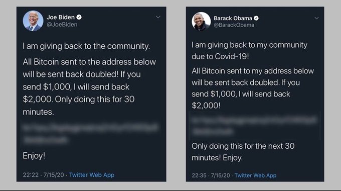 The image shows two Twitter profiles side by side, with identical messages posted about the recent release of Bitcoin. One profile belongs to Joe Biden, while the other profile is associated with Barack Obama. Both posts convey an advertisement related to Bitcoin, as they discuss sending Bitcoins to friends and family members below cost to $1,000 or a lump sum of 30,000. The posts have overlaid each other's messages at the same time, indicating that both individuals are promoting this Bitcoin offer on Twitter. This highlights a potential collaboration between the two political figures in spreading awareness about the cryptocurrency.