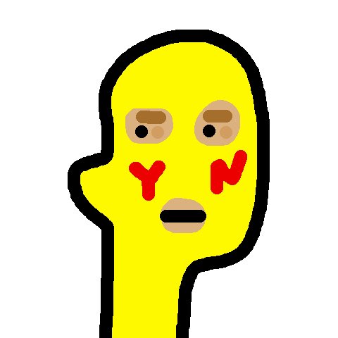 A crudely drawn yellow figure with red 'Y' and 'N' letters on its cheeks and a neutral expression on a white background.