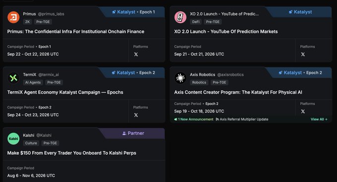 A directory of upcoming cryptocurrency token launches including Primus, XO 2.0, TermiX, Axis Robotics, and Kalshi, with campaigns running in late 2026.