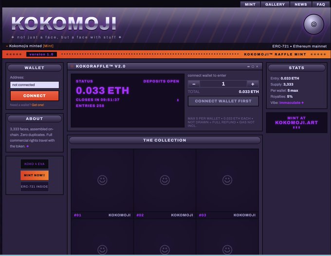 Screenshot of the KOKOMOJI NFT minting page on the Ethereum mainnet (ERC-721), showing a raffle in progress with 0.033 ETH entry, 258 entries, and stats indicating 5,333 supply with 5% royalties, along with sample KOKOMOJI face tokens.