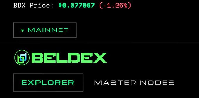 A screen showing the BDX token price at $0.077067 (-1.26%) with navigation buttons for 'MAINNET', 'BELDEX', 'EXPLORER', and 'MASTER NODES'.