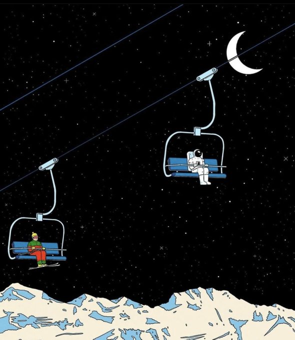 An illustrated scene shows two ski lifts ascending over snow-capped mountains into a starry night sky, with an astronaut sitting on one lift reading while a skier sits on another lift nearby, beneath a crescent moon.