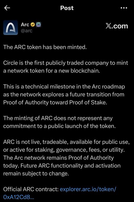 An X (formerly Twitter) post from verified account 'Arc (@arc)' announcing: 'The ARC token has been minted. Circle is the first publicly traded company to mint a network token for a new blockchain,' noting the network remains Proof of Authority and ARC is not yet live or tradeable, with link 'explorer.arc.io/token/0xA12Cd8...'.