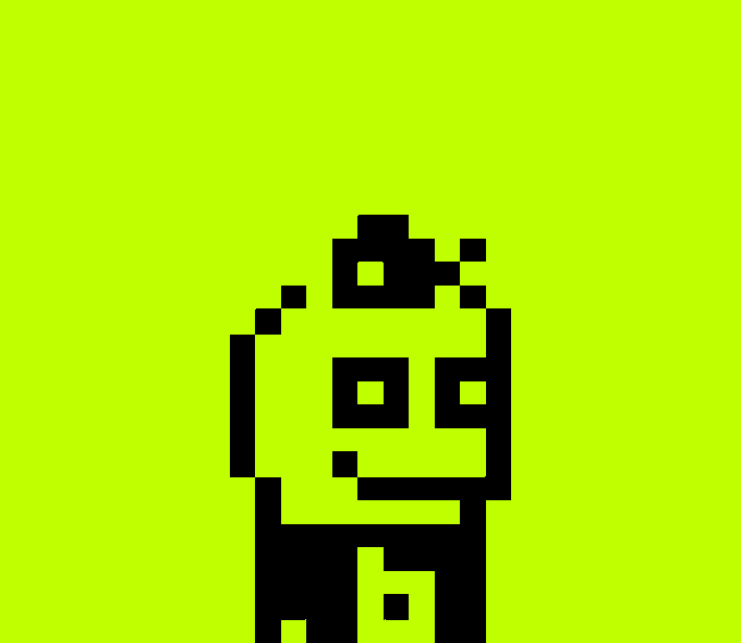 A pixel art character on a lime green background, depicting a small black figure with a crown-like top, resembling a retro video game sprite.