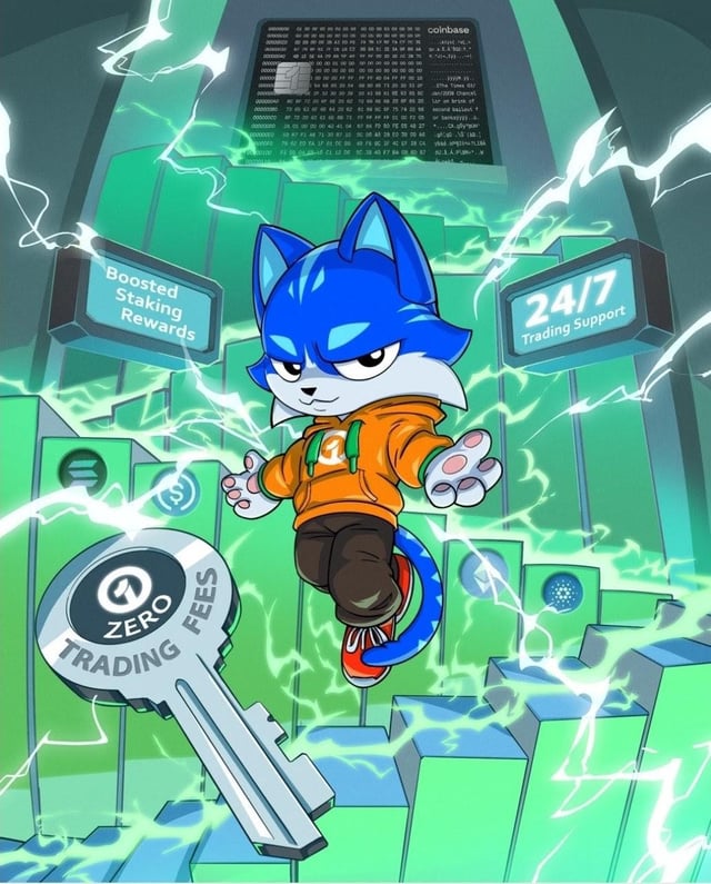 A cartoon blue cat character in an orange hoodie standing on green bar graph steps, surrounded by lightning, with signs for 'Boosted Staking Rewards,' '24/7 Trading Support,' and a giant key labeled 'ZERO FEES TRADING.'