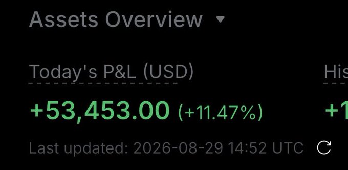A financial dashboard displays an "Assets Overview" with today's P&L (USD) showing a profit of +$53,453.00 (+11.47%), last updated on 2026-08-29 at 14:52 UTC. The strong daily gain supports the post's mention of locking in leverage trading results shared with the @WealthGroup community.