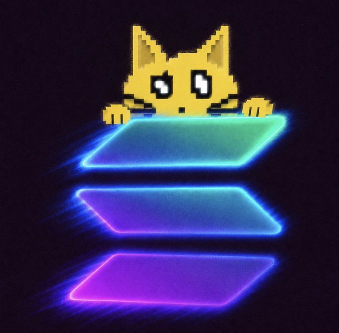 A pixel art image of a yellow cat peering over a glowing, three-tiered neon sign in cyan and purple against a dark background.