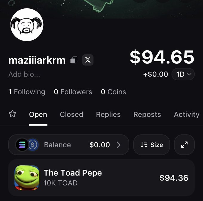 The image shows a profile for "maziiarkrm" displaying a portfolio balance of $94.65, with the bulk of holdings being "The Toad Pepe" (10K TOAD) valued at $94.36, alongside a $0.00 Balance. The post caption explains that the user just installed the pumpfun app and received an unsolicited $TOAD airdrop from @loshmi, unsure whether to sell and copy trade the sender.