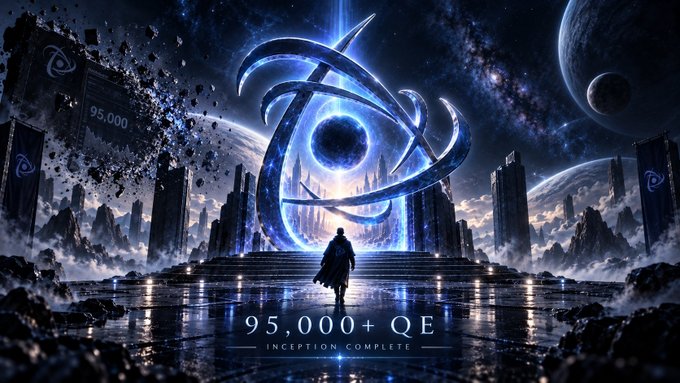 A sci-fi fantasy digital artwork showing a cloaked figure approaching a massive glowing portal structure, with text reading '95,000+ QE' and 'INCEPTION COMPLETE' against a cosmic backdrop with planets and futuristic cityscapes.