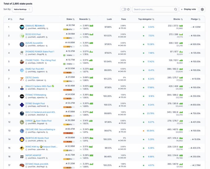 A Cardano staking pool ranking chart listing 2,895 stake pools, showing metrics like Stake, Rewards, Luck, Fees, Top delegator, Blocks, and Pledge for the top pools including [SMAUG], [ECC], and [AZURI].