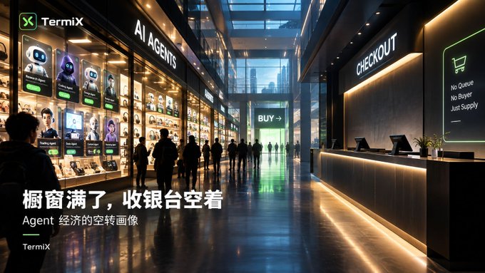 A modern shopping mall displays a fully stocked "AI AGENTS" storefront on the left with numerous digital character displays, while the "CHECKOUT" area on the right sits empty with signage reading "No Queue, No Buyer, Just Supply," visually illustrating the post's metaphor that the Agent economy is full of sellers crowding the shelves but lacking buyers at the register.