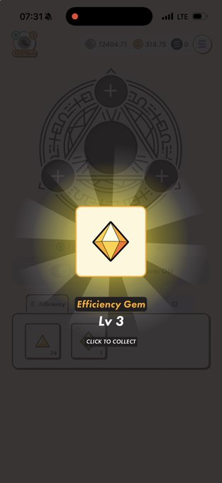 The image shows a phone screen with an app icon displayed that says "Efficiency Gem" along with some text. The app appears to be a game or puzzle, as indicated by its name. The user has just upgraded their gem level from Level 1 to Level 3 in the game.