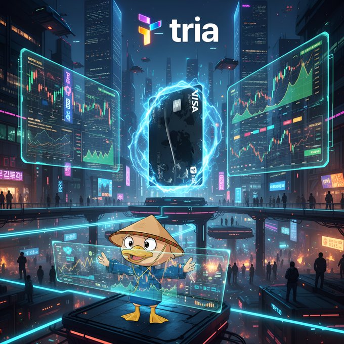 In the image, there is a cartoon duck, who appears to be a character or an illustration from a video game or movie theme. This duck is standing next to a Visa card or a piece of black plastic money. The setting seems to be a futuristic city, possibly in a virtual world, with neon lights and a bustling street scene.

The caption above the image indicates that this character or illustration represents the "Tria" wallet, which focuses on connecting directly with customers through mobile devices. It emphasizes how digital platforms can help financial services adapt to changing consumer demands and improve customer engagement.