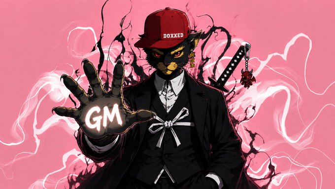 The image features an illustration of a character dressed in a suit, hat, and bow tie holding up a "G" sign. The background has pink and white colors, with smoke coming out from behind the character. There are also some text elements present in the image that read "good morning, happy sunday let's have a great time out there as we keep celebrating the champions yes, you are also a champion regardless more wins to go coming week stay awesome as always by the way Jump Crypto are back with cr!me pumping $H". The character is positioned on the left side of the image.