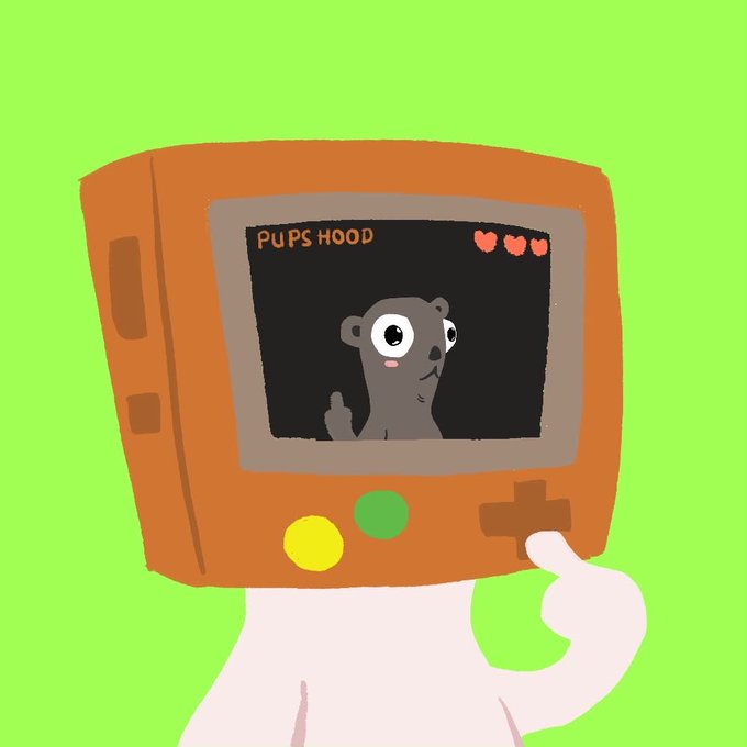 A cartoon illustration shows a figure with a retro orange handheld gaming device for a head, displaying a cute gray seal character on the screen with the text "PUPS HOOD" and three hearts at the top, set against a bright green background. The image creatively represents the "Pups Hood" NFT free mint on Robinhood Chain, with the gaming device head symbolizing the playful, meme-style branding of the project.