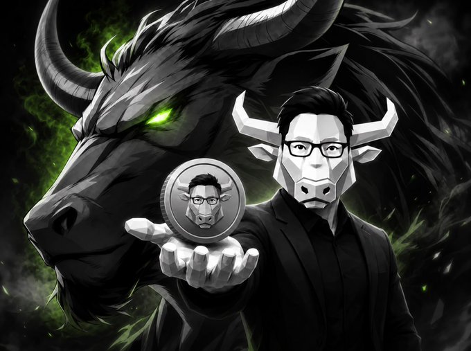 A stylized illustration of a man in glasses wearing a cow/minotaur mask, holding a silver coin featuring his own face, with a large black bull with glowing green eyes looming behind him in green mist.