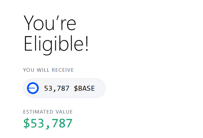 A Coinbase interface announcing 'You're Eligible!' to receive 53,787 $BASE tokens with an estimated value of $53,787.