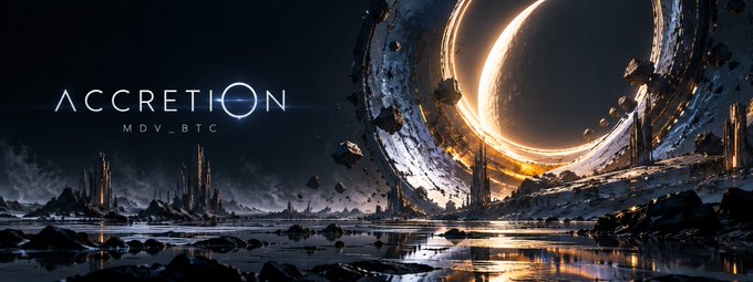 Sci-fi promotional banner reading "ACCRETION MDV-BTC" displaying a cosmic scene with a glowing portal ring, floating asteroids, and futuristic spires on a reflective watery surface.