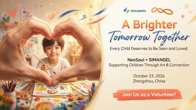 A promotional graphic for a charity event titled 'A Brighter Tomorrow Together' features hands forming a heart around a child, with text reading 'NeoSoul x SIMANGEL Supporting Children Through Art & Connection, October 23, 2026, Zhengzhou, China' and a 'Join Us as a Volunteer!' banner.