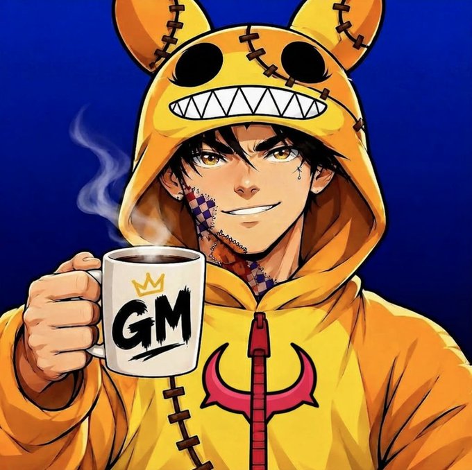 An anime-style illustration of a smiling young man with dark hair wearing a stitched yellow bear-like hoodie, holding a steaming mug labeled 'GM' with a crown symbol.