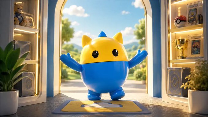 A yellow and blue cat-like cartoon mascot figurine standing with arms raised on a welcome mat in a brightly lit interior, framed by display shelves containing trophies, photos, and a Poké Ball.