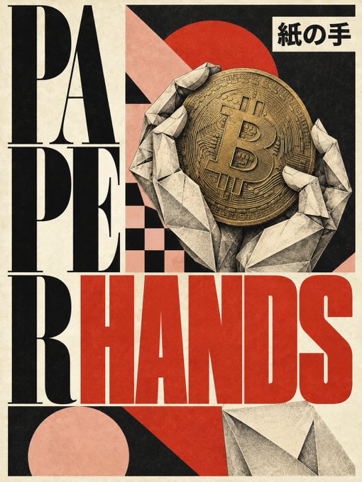A stylized graphic poster featuring bold typography that reads 'PAPER HANDS' alongside Japanese characters '紙の手' (paper hands), with an illustration of origami hands holding a Bitcoin coin against a geometric red, black, and pink background.