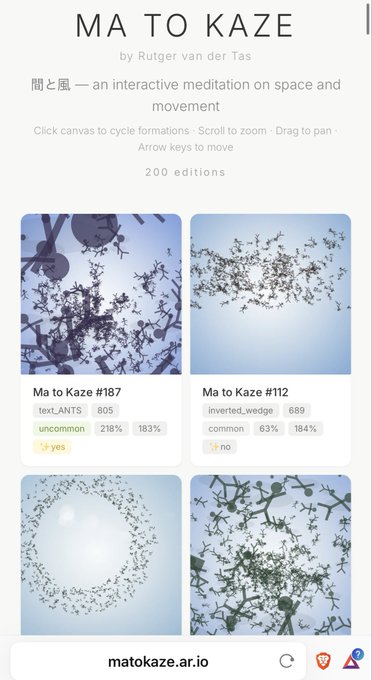 A webpage titled 'MA TO KAZE' by Rutger van der Tas shows an interactive meditation on space and movement, featuring NFT artwork editions with traits like 'text:ANTS' and 'inverted_wedge'.