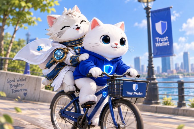 A 3D illustration of two cute white cats riding a blue bicycle with a 'Trust Wallet' basket, with a banner in the background and text reading 'Good Wallet Brighter Tomorrow'.