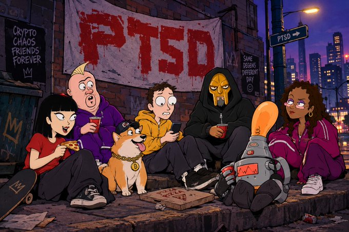 A cartoon illustration of a group sitting on a street curb with a 'PTSD' banner behind them, a 'CRYPTO CHAOS FRIENDS FOREVER' sign, a 'PTSD' street sign, and a robot, with graffiti reading 'SAVE BEGINS DIFFERENT DAY'.