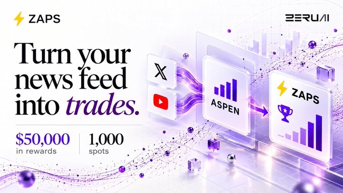 A ZAPS and ZERUAI promotional graphic reads “Turn your news feed into trades,” with “$50,000 in rewards” and “1,000 spots.”