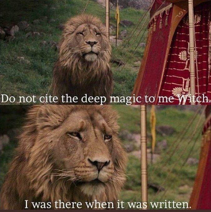 A two-panel meme featuring Aslan the lion from Narnia with text: 'Do not cite the deep magic to me Witch.' and 'I was there when it was written.'
