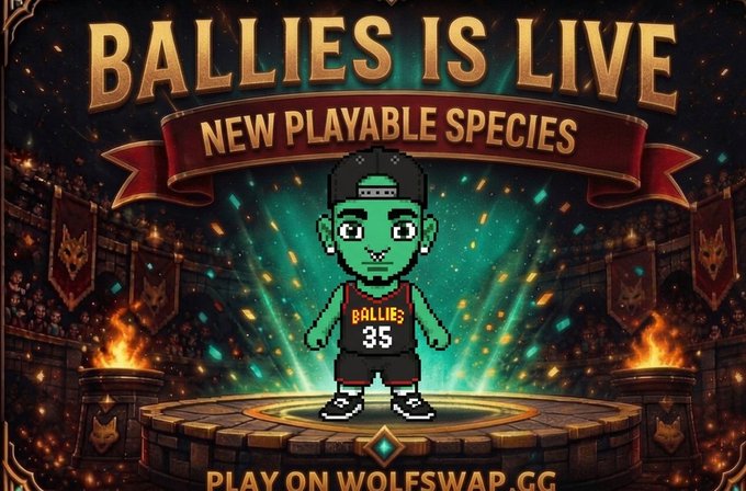 A promotional banner announcing 'BALLIES IS LIVE' as a new playable species, featuring a cartoon green character in a 'BALLIES 35' jersey with text 'PLAY ON WOLFSWAP.GG'.