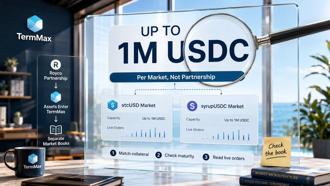 A promotional graphic for TermMax displays "UP TO 1M USDC" magnified under a "Per Market, Not Partnership" banner, alongside separate market details for stcUSD Market and syrupUSDC Market, with a Royco Partnership flowchart on the left. The image visually reinforces the post's argument that the 1M USDC capacity limit applies individually to each specific market book (stcUSD and syrupUSDC) rather than serving as a unified credit line under the broader Royco collaboration.