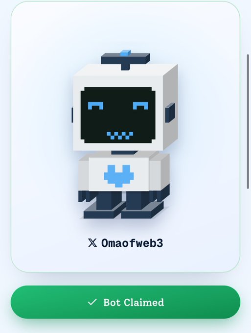 A screenshot shows a pixel-art robot NFT with the name “Omao fweb3” and a green “Bot Claimed” button. The post says the user secured their first NFT on Sui and asks followers if they got in.