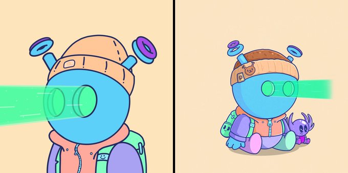 A two-panel cartoon illustration of a cute blue alien-like character with antennae and a beanie hat, shown in close-up with green laser eyes and in full body holding a small purple octopus plushie.