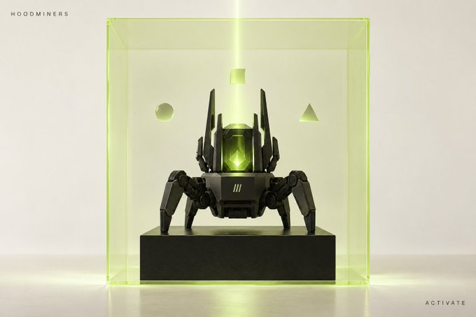 A sci-fi collectible figure of a black mechanical creature displayed inside a glowing green translucent case with geometric shapes floating around it, labeled HOODMINERS and ACTIVATE.