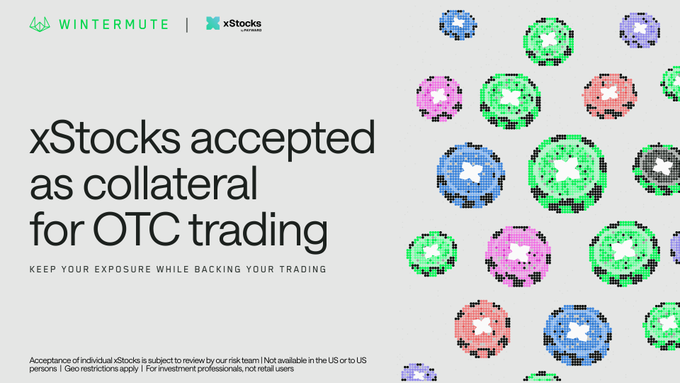 The image is a promotional announcement graphic featuring the Wintermute and xStocks logos at the top, alongside a pixelated design of colorful spheres. The main text reads "xStocks accepted as collateral for OTC trading" with the subheading "KEEP YOUR EXPOSURE WHILE BACKING YOUR TRADING." A disclaimer at the bottom notes that acceptance of individual xStocks is subject to risk team review and includes geo-restrictions for US persons. The graphic visually supports the announcement that xStocks are now accepted as collateral on Wintermute's OTC desk for margin trading and spot credit line increases.