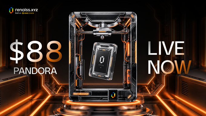 An advertisement for 'renaiss.xyz' Built on BNB Chain, displaying a futuristic mechanical device with '$88 PANDORA' and 'LIVE NOW' text.