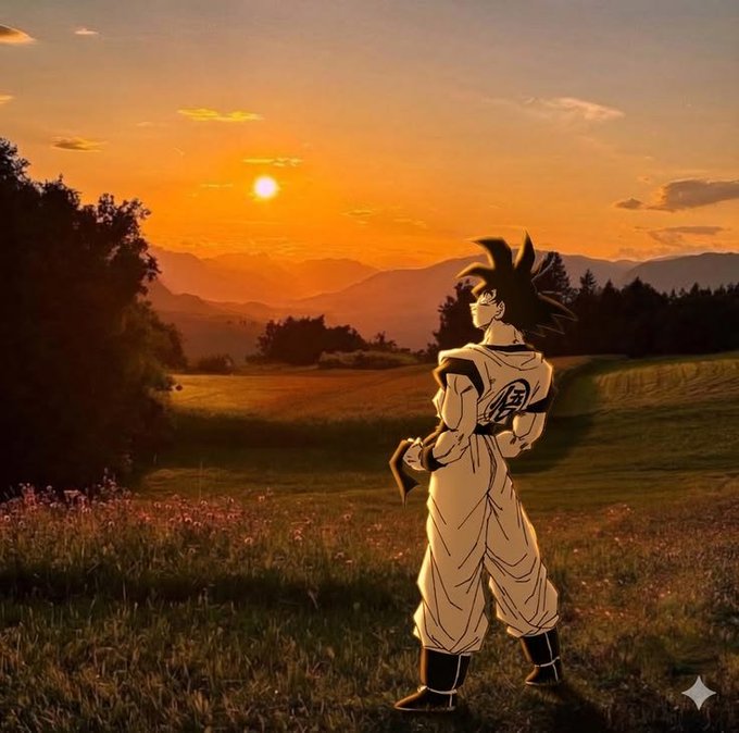 An anime-style illustration of a character resembling Goku from Dragon Ball wearing a gi, standing in a grassy field at sunset with mountains and a glowing orange sky in the background.