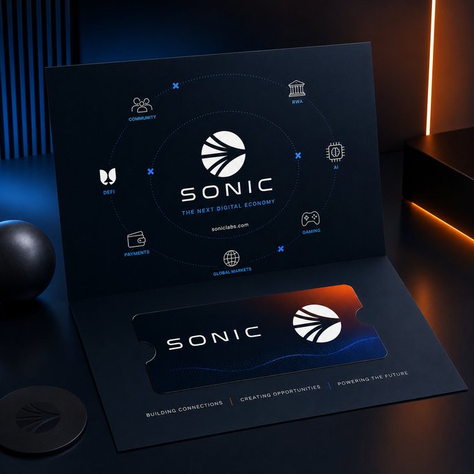A promotional display for Sonic ('The Next Digital Economy' by soniclabs.com) featuring a card with icons for Community, RWA, AI/Intel, Gaming, Global Markets, Payments, and DeFi, alongside a metallic Sonic card.