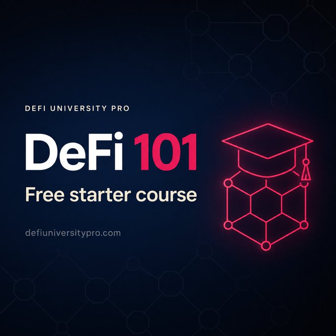A dark promotional banner for 'DeFi University Pro' advertising a 'DeFi 101' free starter course with a neon graduation cap icon and the website defiuniversitypro.com.