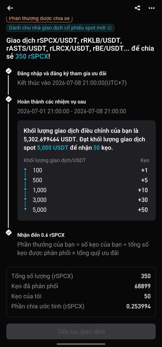 A Vietnamese-language screen showing a token distribution event for trading pairs like rSPCX/USDT and rRKLB/USDT, offering 350 rSPCX in rewards to users with a required 5,000 USDT trading volume.