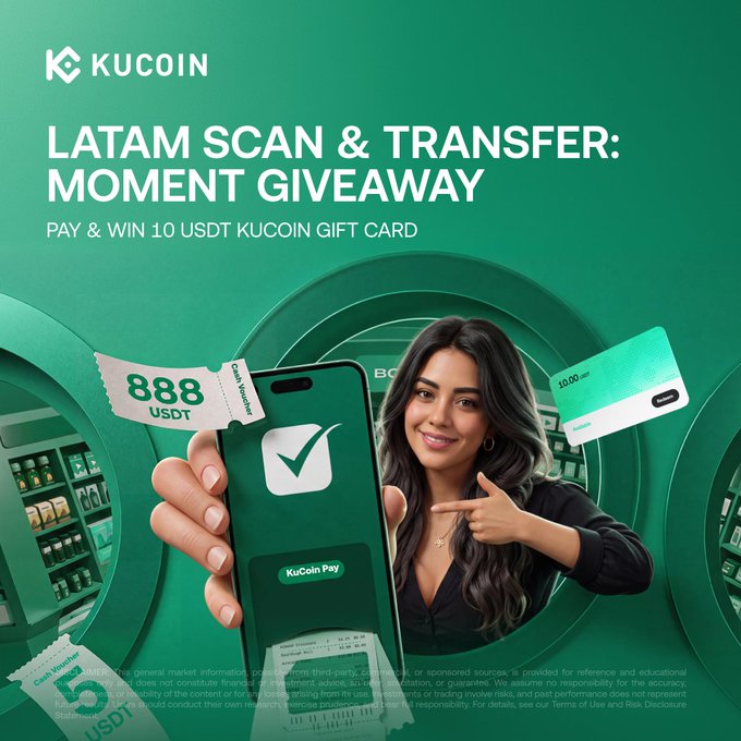 A KuCoin promotional graphic announces a "LATAM SCAN & TRANSFER: MOMENT GIVEAWAY" with prizes including a 10 USDT KuCoin Pay gift card and 888 USDT cash voucher, featuring a smiling woman pointing at a smartphone displaying the KuCoin Pay app alongside the giveaway details.