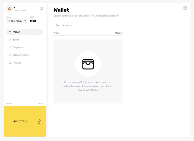 A screenshot of the Smoldapp wallet interface for Reef Pelagia, showing an empty wallet with a 0.00 balance and a message "Oh no, we can't find your tokens," illustrating the upcoming Sponsian Studios fork currently in development before its planned testnet launch.