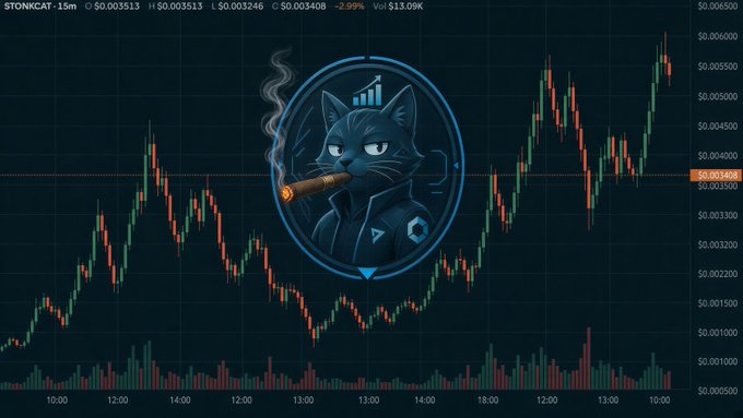 A cryptocurrency trading chart labeled 'STONKCAT' shows a -2.99% change, a price of $0.003513, and a central logo of an animated cat smoking a cigar.